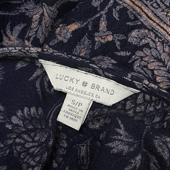 Lucky Brand Womens V-Neck Batik Floral Peplum Top Sz Small Stretch Dark Navy - Picture 11 of 12